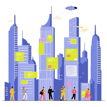 A futuristic cityscape with tall, sleek skyscrapers reflecting modern architectural designs. Brightly lit screens on the building facades display colorful social media posts in various fonts and styles. Pedestrians with futuristic clothing walk below, looking up at the vibrant projections. Suspended walkways connect the buildings, and flying vehicles traverse the sky above. The atmosphere buzzes with energy as people engage with the digital content projected around them.