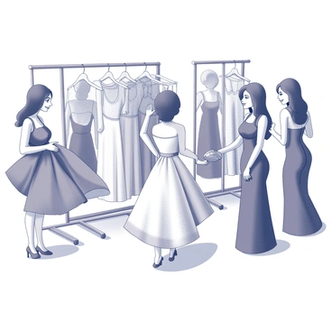 A group of bridesmaids is gathered in a boutique, surrounded by mirrors and racks of dresses. Each bridesmaid is trying on a different dress, showcasing a variety of styles and silhouettes. The first bridesmaid is smiling as she twirls in a flowing gown, while another admires herself in a fitted design. One bridesmaid is holding a pair of high-heeled shoes, contemplating her choice. The atmosphere is lively as the bridesmaids chat and offer compliments, creating an atmosphere of excitement and anticipation for the upcoming wedding.