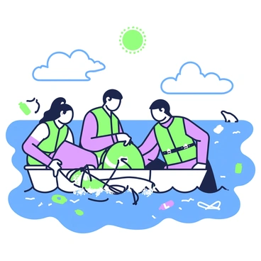 A group of marine biologists is gathered on a small boat in the ocean, wearing wetsuits and safety vests. One biologist, with long hair tied back, carefully reaches into the water to rescue a sea turtle entangled in discarded fishing nets. The turtle is partially submerged, with a look of distress on its face. Another biologist is preparing a large mesh bag to secure the turtle once freed. In the background, the ocean is dotted with floating debris, including plastic bottles and ropes. The sky above is clear with a few clouds, and the sun is shining brightly.