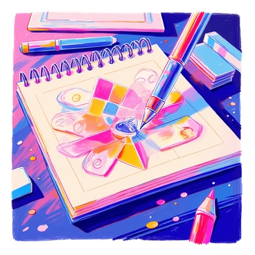A mechanical pen with a sleek metallic body is poised above an open notebook. The notebook features creamy pages with faint grid lines. The pen is delicately sketching intricate geometric designs that incorporate swirling lines and sharp angles. The desk beneath is made of dark wood, adding contrast to the scene. Nearby, there are scattered drafting tools including a ruler and an eraser, enhancing the artistic atmosphere. Small flecks of ink are visible on the page, indicating the detailed work in progress. The lighting casts soft shadows, emphasizing the textures of the pen and the pages.