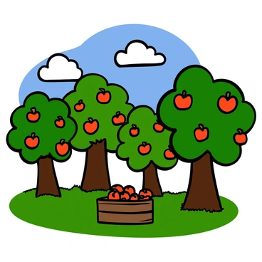 A scene of an apple farm featuring numerous apple trees laden with bright red and green apples, ready for harvest. The trees have thick trunks and lush green leaves, casting gentle shadows on the ground. In the background, there is a clear blue sky with a few fluffy white clouds. A rustic wooden crate sits near the base of one of the trees, filled with freshly picked apples. The grass underfoot is vibrant and green, adding to the idyllic farm atmosphere.