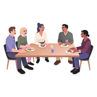 A group of five executives sitting around a rectangular wooden table during a team lunch. Two men and three women are present. The man on the left has light skin, short brown hair, and is wearing a casual blue button-up shirt and dark jeans. The woman next to him has medium skin and long curly black hair, dressed in a white blouse and pink pants. The woman across from them has light skin and straight blond hair in a ponytail, wearing a green sweater and black jeans. The second man has tan skin and short black hair, dressed in a casual gray t-shirt and khaki pants. The last woman has brown skin, bobbed dark brown hair, and is wearing a maroon top and blue jeans. They are laughing and enjoying their meals, which include salads, sandwiches, and drinks, with some plates slightly pushed away as they engage in conversation. Bright natural light filters through the window, illuminating their cheerful expressions.