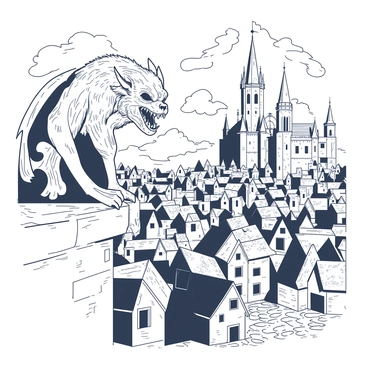 A gray gargoyle with intricate details is perched high above a medieval city on a stone ledge. The gargoyle has fierce facial features, with exaggerated eyes and sharp claws. Below, the medieval city is bustling with activity, showcasing narrow cobblestone streets lined with rustic buildings made of timber and stone. Towering above the city are several tall spires and a large castle in the background. The sky is filled with clouds, adding depth to the scene. The gargoyle gazes down upon the city, projecting an air of watchfulness and guardianship.
