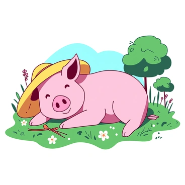 A pink pig wearing a wide-brimmed yellow sun hat is lounging comfortably in a lush green meadow. The sun hat is adorned with a small orange ribbon tied around the base. The pig is sprawled out on a bed of soft grass, with wildflowers scattered around, adding pops of color to the scene. In the background, a few trees provide shade, and the sky is a clear blue, creating a peaceful atmosphere. The pig has a content expression, enjoying a sunny day in the meadow.