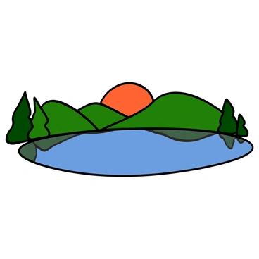 A serene lake surrounded by gentle hills at sunrise, with soft colors illuminating the sky. The sun is rising on the horizon, casting warm hues of orange and pink. The lake reflects the sunrise, creating a mirror effect on the water's surface. Delicate line work outlines the hills and trees that frame the lake, adding detail to the peaceful scene. The overall composition conveys a sense of calm and tranquility.