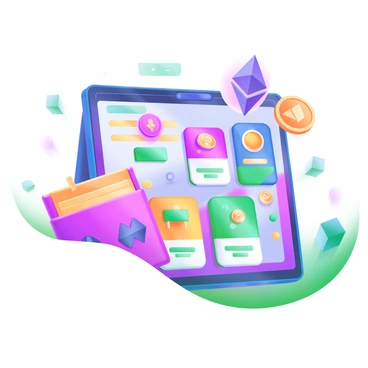 A vibrant online marketplace featuring various Ethereum-based products and services. The scene includes colorful icons representing digital goods, such as a stylized digital wallet, an Ethereum logo, and several product listings displayed on virtual shelves. Each product listing has bright colors and unique designs, showcasing items like art, games, and digital currencies. The background includes a user interface with interactive elements and lively patterns to create an engaging atmosphere for online shopping.