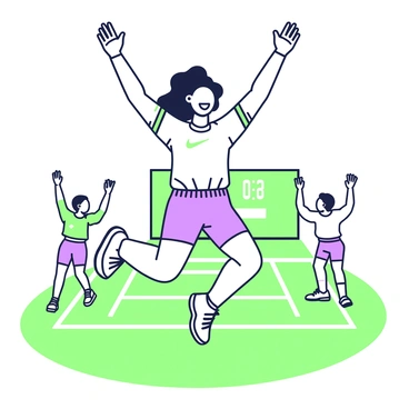 A player is leaping high in the air, expressing joy after winning a crucial match. The player is wearing a team jersey and shorts, and their hair is styled in a way that flows with the motion. Their arms are raised triumphantly above their head, and a bright smile can be seen on their face. In the background, there are teammates cheering with their arms raised, and a scoreboard visible showing the winning score. The field is well-maintained, with markings clearly visible.