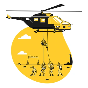 A black helicopter, marked with military insignia, hovers in the air with its rotors spinning. Soldiers are descending from the helicopter on ropes, wearing tactical gear including helmets, vests, and combat boots. Each soldier is focused on their descent, prepared for a mission. Below the helicopter, the ground is visible, showing a training area with obstacles and equipment set up for the exercise. The sky is clear, providing a sharp contrast to the dark silhouette of the helicopter and the soldiers.