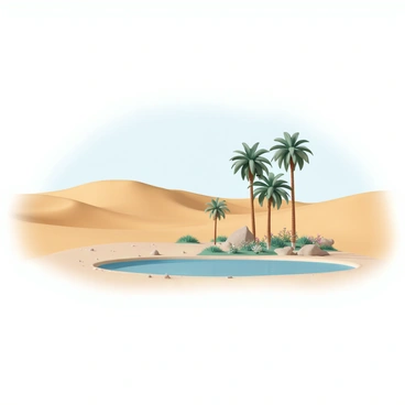 A vast desert landscape with golden sand dunes gently rolling under a bright blue sky. In the foreground, a tranquil oasis featuring several tall, green palm trees with lush fronds swaying in the light breeze. In the center of the oasis, a clear blue pond reflects the sunlight, its surface smooth and inviting. Surrounding the pond, patches of vibrant green grass and colorful wildflowers add to the serene atmosphere. Small rocks and pebbles can be seen scattered near the water’s edge, completing the peaceful desert scene.