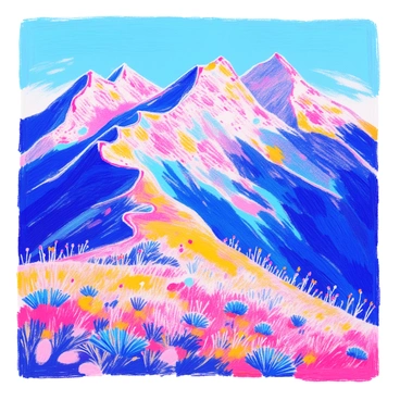 A mountain range stretches across the horizon under a clear blue sky. Each peak is topped with distinct dots that resemble patches of snow or unusual vegetation, creating a textured appearance against the rugged surfaces. The mountains vary in height and shape, with some peaks towering dramatically while others slope gently. The sunlight casts shadows that accentuate the contours of the mountains, enhancing their three-dimensional quality. The foreground features a grassy slope that leads up to the base of the mountains, dotted with small rocks and wildflowers.