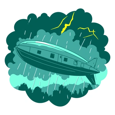 A teal airship is soaring through a tumultuous thunderstorm. Dark clouds swirl ominously around the airship, with flashes of bright yellow lightning illuminating the sky. Rain pours down in torrents, creating a dynamic backdrop of movement. The airship's gondola is detailed with windows reflecting the harsh weather, while the propellers at the back spin rapidly to keep it aloft. Below, the landscape is barely visible through the sheets of rain, adding to the intensity of the scene.