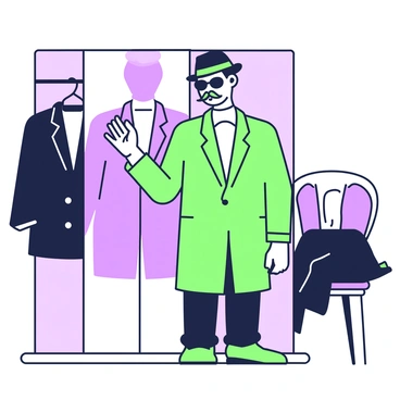 A spy is standing in front of a multi-panel mirror, adjusting their outfit. The spy is in the midst of changing disguises, wearing a dark fedora and sunglasses. The mirror reflects different angles of the spy, showcasing various costume pieces. To the left, there is a black trench coat hanging on a hook, while on the right, a formal tuxedo is draped over a chair. The spy holds a fake mustache in their right hand and examines their reflection closely, ensuring every detail is perfect. The room is dimly lit, with shadows cast by the light falling on the mirror.