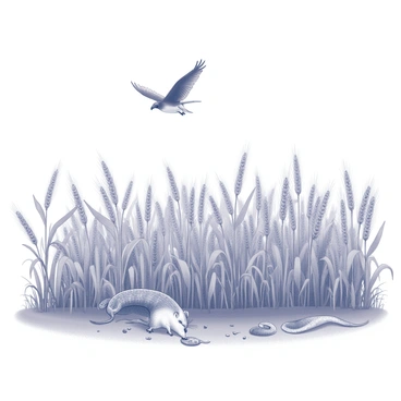 A wide expanse of a grain field with tall, swaying stalks of grain. In the foreground, a small mouse is nibbling on scattered seeds, its whiskers twitching as it forages. Above, a hawk is circling in the sky, its wings outstretched as it scans the ground below. In the tall grass, a snake is partially concealed, its body coiled and blending into the environment. The scene captures a moment in nature, highlighting the interactions between the animals and their surroundings.