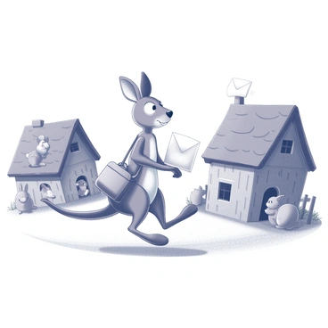 A cartoon kangaroo with large ears and a happy expression hops through a quaint village inhabited by small animals. The kangaroo carries a small satchel filled with letters. The village features tiny, cozy houses made of natural materials like wood and leaves, with whimsical details such as flower gardens and small fences. Various animals, including rabbits and squirrels, peek out from their doorways or gather around to receive their letters. The scene captures a lively atmosphere with the kangaroo in motion, delivering letters to the eager villagers.