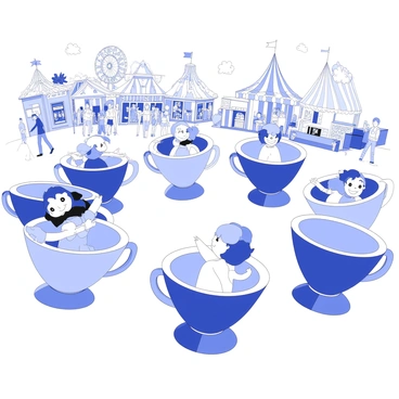 A family is having fun inside colorful spinning tea cups at a lively carnival. The tea cups are arranged in a circular pattern, with vibrant details such as swirling designs on their surfaces. The family members, including a father, mother, and two children, are laughing and enjoying the ride. The background features a bustling carnival atmosphere, with people walking, colorful tents, and attractions like a Ferris wheel and game booths. The scene captures the excitement and joy of a day at the carnival.
