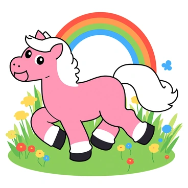 A whimsical pony with a fluffy white mane and a shiny pink coat is trotting gracefully across a lush green meadow. Its big, bright eyes sparkle with joy as it moves. The background features a vibrant rainbow arching across the sky, casting colorful hues onto the scene. The meadow is filled with various wildflowers in shades of yellow, red, and blue, creating a lively atmosphere. The pony's tail sways playfully behind it as it trots, with a few butterflies fluttering nearby, adding to the playful ambiance.
