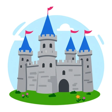 A majestic medieval castle facade with textured gray stone walls. The structure features tall towers topped with conical roofs and decorative battlements. The castle is adorned with vibrant flags fluttering at the peaks of the towers. A clear blue sky stretches above, contrasting with the stone, while a lush green landscape surrounds the base of the castle, with patches of colorful wildflowers in the foreground.