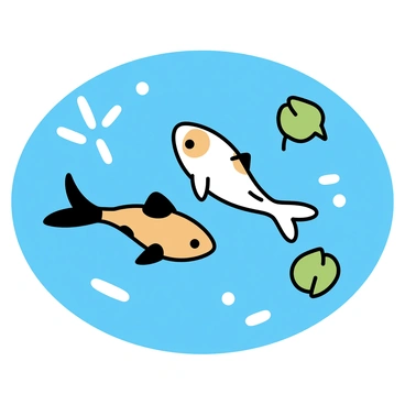 Two koi fish, one orange with black patches and the other white with orange spots, are swimming gracefully in a clear blue pond. The fish are gliding just beneath the surface, their fins and tails gently flowing. The pond is surrounded by smooth stones, and green lily pads float on the water's surface. The sunlight reflects off the water, creating shimmering patterns.