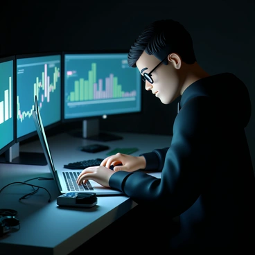 A programmer, wearing glasses and a black hoodie, is intensely typing on a laptop. The laptop is open in front of him, displaying lines of code on its screen. Surrounding him are multiple glowing computer screens, each showing different colorful graphs and figures. The room is dimly lit, with the screens casting a blue and green glow on the programmer's focused face. Cables and tech gadgets are scattered across the desk, creating a busy yet organized workspace.
