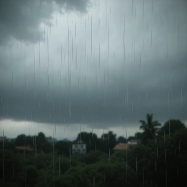 Raindrops sliding down a clear window pane, forming streaks as they cascade together. The sky outside is dark and overcast, filled with thick gray clouds, signaling an impending rainstorm. The surface of the window reflects the shadows of the clouds, creating a moody atmosphere. In the background, hints of blurred greenery and distant buildings can be seen, softened by the rain. The overall scene conveys a sense of chill and the weight of the approaching storm.