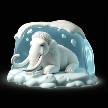 A large, perfectly preserved mammoth, with long, curved tusks and thick, shaggy fur, is entombed within a translucent block of ice. The ice has a glossy surface, reflecting light in various shades of blue and white. The mammoth's eyes are closed, and its body is positioned in a natural, resting pose. Around the ice block, there are small cracks and bubbles, showcasing the ancient creature's preserved state. The background is dark, emphasizing the clarity of the ice and the details of the mammoth's features.