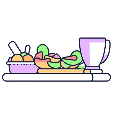 A wooden cutting board is placed on a kitchen counter. On the cutting board, there are various chopped fruits, including slices of orange, kiwi, and strawberries, arranged neatly. Next to the cutting board, there is a transparent bowl sitting upright, ready for mixing. The bowl has a smooth surface and is empty, waiting to be filled with the chopped fruits. In the background, there are hints of a kitchen setting, such as a fruit basket and utensils.