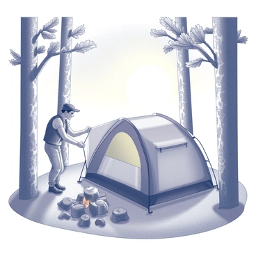 A campsite situated in a wooded area, surrounded by tall trees with textured bark and lush leaves. One person is skillfully setting up a tent, holding one end of the fabric while anchoring it to the ground. The individual is wearing outdoor clothing that reflects an active lifestyle. The sun is setting in the background, casting long shadows and creating a warm glow through the tree branches. A small campfire pit is nearby, with scattered logs arranged around it, suggesting a cozy gathering spot.