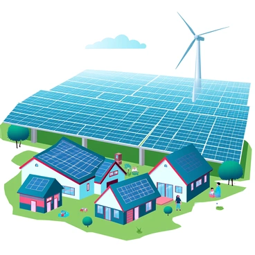 A vast solar farm consisting of numerous photovoltaic panels arranged in neat rows, glimmering under the bright sun. In the foreground, a small community is visible, featuring quaint houses with solar panels on their roofs, surrounded by green lawns and small gardens. People can be seen enjoying outdoor activities, such as a family having a picnic and children playing. The sky is clear, with a few fluffy clouds drifting by, and a wind turbine can be spotted in the distance, symbolizing the use of renewable energy. The scene conveys a sense of harmony between nature and technology.