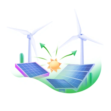 A modern pastel illustration featuring wind turbines and solar panels arranged in a circle. The wind turbines have white blades and are standing tall, while the solar panels are sleek and blue, positioned at equal distances around the circle. In the center, there is a sun symbol with rays extending outward, representing renewable energy. Each turbine and panel is connected by thin, green lines that symbolize energy flow, creating a cohesive visual representation of sustainable energy feedback.