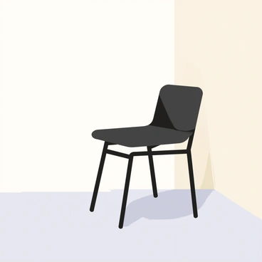 A sleek, minimalist chair made of polished black metal, featuring clean lines and a smooth, monochromatic finish. The chair is positioned at an angle in the center of an empty room with off-white walls and a light gray floor. A single shadow is cast beneath the chair, emphasizing its elegant design. There are no additional furnishings or decorations, highlighting the simplicity and contemporary style of the space.