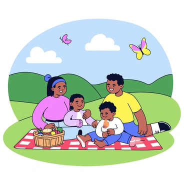 A family sitting on a picnic blanket on a gentle hilltop. The blanket is checkered with red and white patterns. There are a wicker basket filled with sandwiches and fruits placed beside them. The family consists of two adults and two children, all smiling and enjoying their time together. In the background, there is a scenic view of rolling green hills and a bright blue sky with fluffy white clouds. A few colorful butterflies are flying nearby.