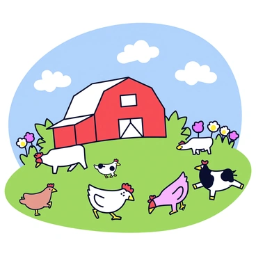 A lively farmyard scene with several chickens pecking at the ground. Nearby, there are a few cows grazing on green grass. In the background stands a large red barn, which has a white door and is surrounded by patches of colorful wildflowers. The blue sky above is clear with a few fluffy white clouds scattered throughout.