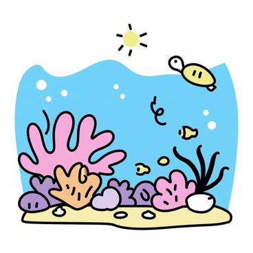 A colorful coral reef with various types of vibrant corals in shades of pink, orange, and purple. Small fish in bright colors swim among the corals. Sea anemones with long, flowing tentacles are gently swaying in the current. A sea turtle glides gracefully through the water above the reef. Sunlight filters down from the surface, illuminating the underwater scene. Various shells and small rocks are scattered across the sandy ocean floor.