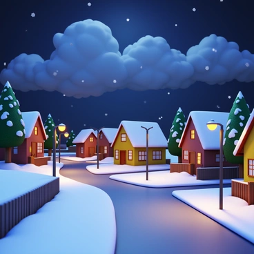 A quiet neighborhood scene features several houses with snow-covered roofs. The sky is dark, filled with thick clouds that obscure the moonlight. Street lamps illuminate the area, casting warm yellow light onto the snow-covered ground. Snowflakes are gently falling from the sky, accumulating on the sidewalks and driveways. The trees lining the street are laden with snow, their branches bending slightly under the weight.