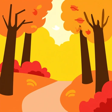 A forest scene in autumn featuring a mix of trees with golden and red leaves. The leaves are depicted falling gently to the ground, creating a colorful carpet. Sunlight filters through the branches, casting warm light across the forest floor. A narrow dirt path winds through the trees, inviting exploration. Soft shadows from the trees add depth to the scene.