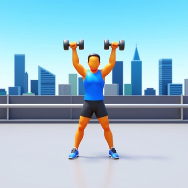 A person wearing athletic clothing is performing shoulder presses on a rooftop. The individual's stance is strong and focused, with arms extended above their head, holding a pair of dumbbells. Behind them, the city skyline is visible, showcasing a variety of tall buildings and structures under a clear blue sky. The rooftop surface is sleek and modern, with safety railings in the background. The scene captures the energy and determination of the workout.