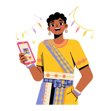 A person dressed in colorful traditional attire, featuring intricate patterns and embellishments. They are holding a smartphone with a bright screen displaying photos. The background shows a festive setting with decorations that reflect their culture. The person's facial expression conveys pride and joy as they enthusiastically share cultural stories online.