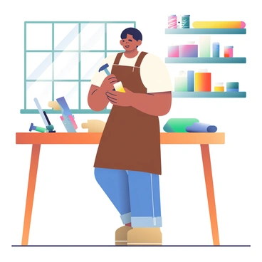 A craftsman with tan skin and short, black hair is standing in a workshop. He is wearing a brown leather apron over a casual, white shirt and blue jeans. Surrounding him are various tools, including a hammer, chisel, and saw, neatly arranged on a wooden workbench. On the shelves behind him are rolls of colorful fabric, jars of screws, and a collection of paint cans in different shades. The workshop is filled with natural light streaming in through a large window, illuminating the dust motes in the air. The craftsman is carefully inspecting a piece of wood he is working on, holding it in his left hand while his right hand is poised with a tool.