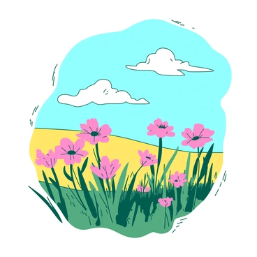 A field of wildflowers in various shades is swaying gently in the breeze. The flowers include a mix of pink and yellow blooms, creating a vibrant landscape. The sun shines brightly above, illuminating the scene beneath a clear blue sky. A few fluffy white clouds drift lazily, adding to the serene atmosphere of the open field. The grass around the flowers is lush and green, swaying softly along with the blossoms in the gentle wind.