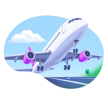 A detailed view of an airplane with its landing gear extended, positioned against a clear blue sky. The landing gear is prominently displayed, showcasing its wheels and struts. The airplane's fuselage reflects sunlight, and there are a few fluffy white clouds in the background. The runway is visible below, marked with white lines, ready for the airplane's landing.