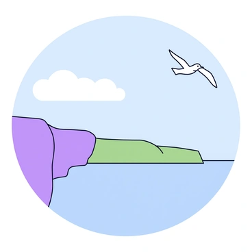 A cliffside view with rocky formations jutting out over the edge. Below, a calm sea stretches into the horizon, reflecting soft shades of blue and green. The sky is clear with a few fluffy white clouds. Seagulls are soaring gracefully above the water, their wings outstretched as they glide in the breeze. The overall scene captures a peaceful coastal environment.