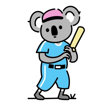 A cartoon koala with gray fur and large, round ears is standing in a dynamic pose, wearing a blue baseball uniform. The uniform features white stripes and is complemented by a red cap. The koala is gripping a wooden baseball bat with both hands, poised and ready to swing. Its big eyes reflect determination, and its small nose is prominently displayed. The background consists of a simple athletic field with a hint of grass and a baseball diamond to emphasize the scene.