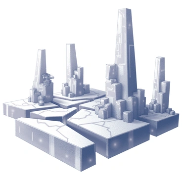 A detailed view of a cybernetic landscape. The scene features structures made from interconnected metal and glass components, each with intricate circuitry patterns visible on their surfaces. The ground shows clear fault lines, creating a fragmented effect across the terrain. Towering above, large, futuristic buildings stretch towards the sky, their angular designs emphasizing the theme of technology and connectivity. Various mechanical elements, such as gears and holographic displays, are integrated into the environment, enhancing the impression of a high-tech society. The atmosphere is filled with a sense of advancement and complexity.