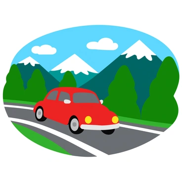 A bright red Beetle car is driving along a winding mountain road. The car is shown at an angle, showcasing its rounded shape and iconic headlights. Lush green trees line the sides of the road, and the mountains rise majestically in the background, their peaks capped with white snow. The sky is a clear blue with a few fluffy white clouds scattered above. The road curves gently, inviting the viewer's eye to follow the path into the scenic distance.
