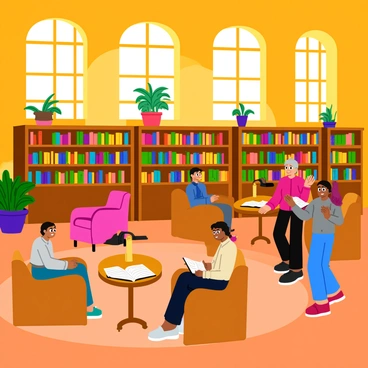 A large, wooden library filled with tall shelves stacked with colorful books. A few wooden tables with reading lamps sit in the center, surrounded by plush armchairs. Sunlight streams through tall, arched windows, casting warm light on the polished floor. A person sits at a table, gently turning pages of an open book, while another person quietly converses with a friend nearby. There are plants in decorative pots on the windowsills, adding a touch of greenery to the warm atmosphere.