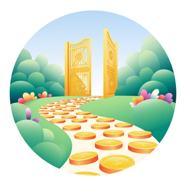 A pathway made of shiny, gold coins is winding through a lush green garden. The coins are scattered closely together, glinting under soft sunlight. At the end of the pathway stands a grand golden gate, intricately designed with ornate patterns and embellishments. The gate is slightly ajar, inviting and shimmering with a warm glow. Surrounding the pathway, vibrant flowers in various colors are blooming, adding richness to the scene. Above, a clear blue sky stretches out, enhancing the sense of openness and freedom.