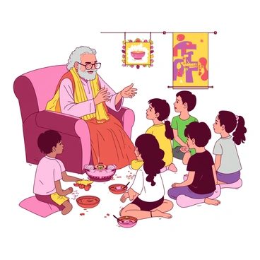 An elderly person with gray hair and glasses sits in a comfortable chair, surrounded by attentive children. The elderly family member is wearing traditional clothing, with intricate patterns and a warm smile. The children, a mix of boys and girls, are sitting cross-legged on the floor, listening intently. There are colorful decorations in the background, including garlands and traditional symbols, enhancing the festive atmosphere. The elderly person's hands are animated as they gesture while narrating stories of tradition. A small table nearby holds ceremonial items associated with the Upanayanam celebration.