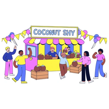 An animated carnival scene featuring a coconut shy game