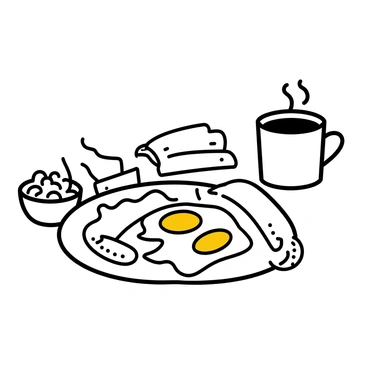 A full English breakfast spread is displayed on a wooden table. The centerpiece features two perfectly fried eggs with sunny-side-up yolks. Surrounding the eggs, there are several strips of crispy bacon arranged neatly. A small bowl of baked beans is placed to one side, glistening with sauce. Toasted slices of bread sit stacked beside the eggs, and a plump sausage links rests on the plate as well. A steaming cup of coffee is positioned next to the plate, completing the hearty breakfast scene.