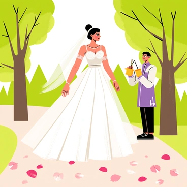 A bride in a flowing white gown is making a grand entrance down a pathway. The gown features intricate lace details and a long, trailing veil. She is surrounded by vibrant flower petals in shades of pink and white that are scattered on the ground. Traditionally dressed musicians play instruments nearby, adding to the festive atmosphere. The scene is filled with lush green trees providing a natural backdrop. Soft sunlight filters through the branches, illuminating the joyful moment.